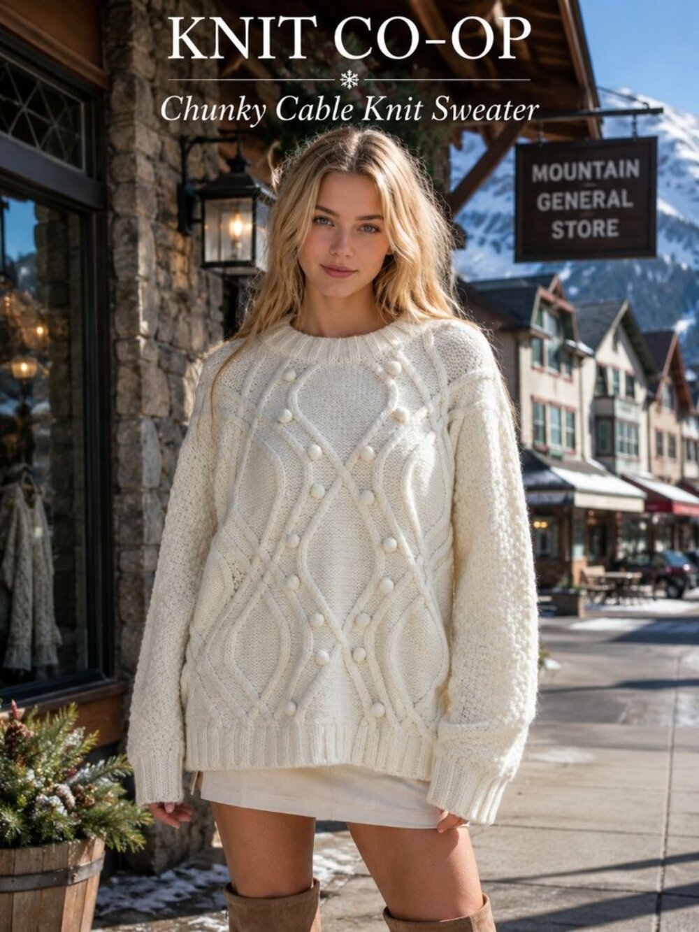 Knit Co-Op Sweater M Ivory Chunky Cable Knit Bobble Oversized Cottagecore